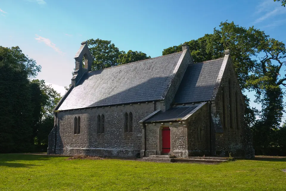 Former Anglican parish church of Timahoe. Designed by Joseph Welland and built c. 1840. It is now used as a library.