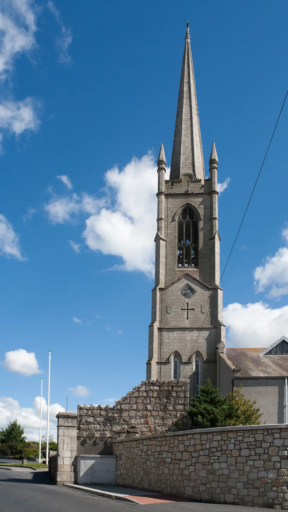 Tower and steeple of the Church of the Most Holy Rosary in Tullow, as seen from the south.