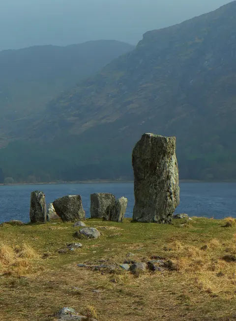 Uragh Stone Circle, a neolithic stone circle in Gleninchaquin Park, County Kerry, Republic of Ireland.