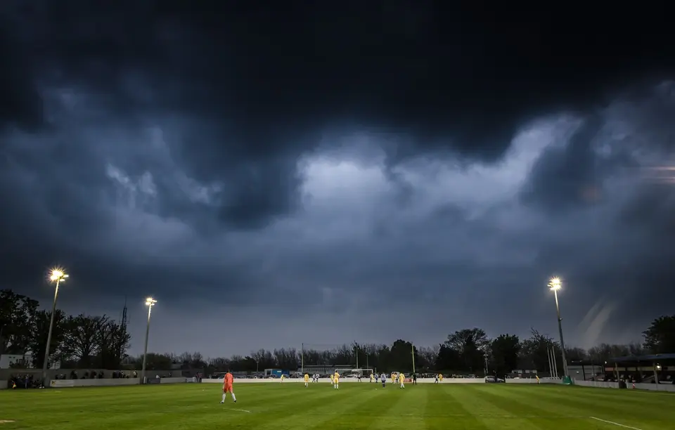A game of association football being played at Whitehall Stadium in Drumcondra, Dublin (2014)